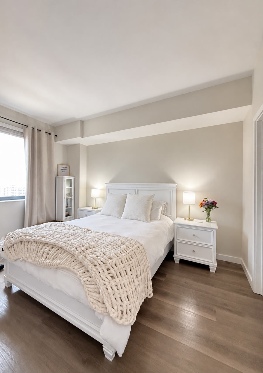 Bright white bedroom with a knit throw