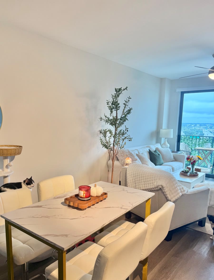 Dining table with a view into the living room and balcony